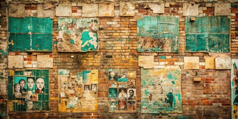 Fototapeta premium A weathered brick wall adorned with faded remnants of posters and painted squares, creating a tapestry of time's passage and forgotten stories.