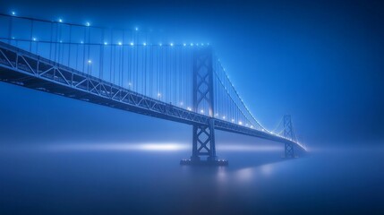 Enchanting Fog Over the Bay Bridge: A Mesmerizing Night Scene Illuminated by Soft Lights, Showcasing the Architectural Marvel Against a Dreamy Blue-Hued Skyline.