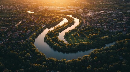 Naklejka premium Serene Sunset Over the Meandering River: Aerial View Showcasing Nature's Beauty and Urban Harmony