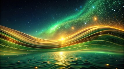 Abstract wave of green and gold in starry night sky