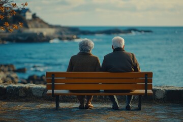 Fototapeta premium Elderly couple enjoying a serene moment by the seaside on a cloudy afternoon