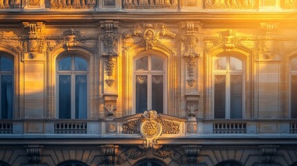 Naklejka premium Sunlit Elegance: Captivating Details and Architectural Beauty of a Historic Building Facade Bathed in Golden Hour Light