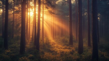 Obraz premium Enchanting Forest Sunrise: Nature's Tranquil Light Filtered Through Tall Pines, Casting Golden Rays and Illuminating the Lush Underbrush in a Serene Woodland Setting