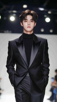 Elegant Male Model in Sleek Black Suit on Runway
