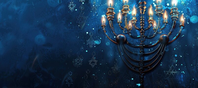 Elegant Hanukkah Dinner Invitation with Blue and Silver Menorah Design for Holiday Events