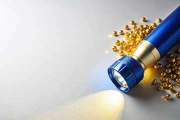 Abstract design with white background, blue and gold colors, and a flash light in an asymmetrical composition.