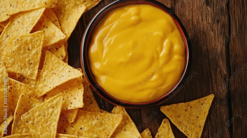 Poster crispy corn chips surround a bowl of smooth cheese sauce, ideal for enjoying during a casual gatheri