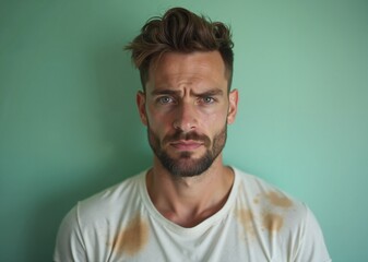 Obraz premium Man with intense expression showing discomfort against green background