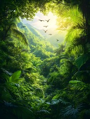 A breathtaking view of a lush green jungle with sunlight filtering through the trees, illuminated by vibrant greens and flying birds creating a serene atmosphere.