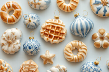 Delftware ceramic ornaments in the shape of and waffles with soft gold accents, surrounded by small bagels.
