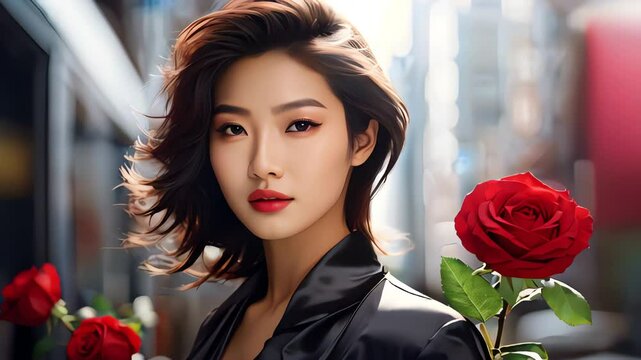 Portrait of young attractive asian woman with bob haircut, dark brown short hair, red lipstick, in black cashmere jacket in city, roses, flowers, beautiful makeup, perfect skin, face, woman, beauty 