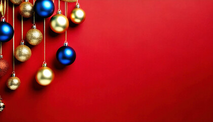 Christmas ornaments hanging on red background with copy space