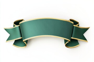 Elegant Green Ribbon Banner with Luxurious Gold Trim on a White Background