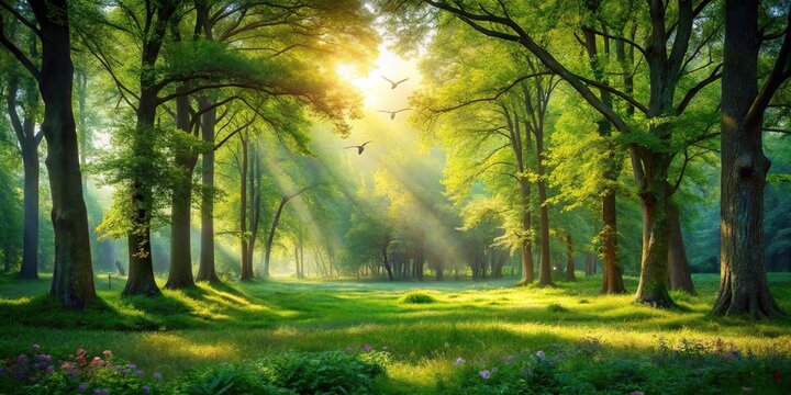 A beautiful and tranquil forest glade is illuminated by warm sunlight on a sunny day, with towering trees, lush undergrowth, and a few birds singing in the branches, foliage, song