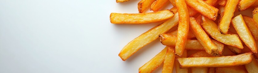 Close-up of golden french fries on white background.