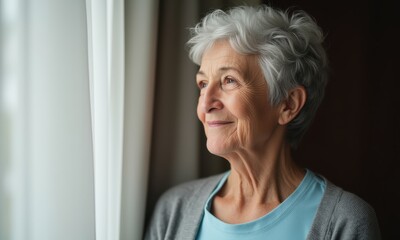 Older woman smiling while looking out from indoors.