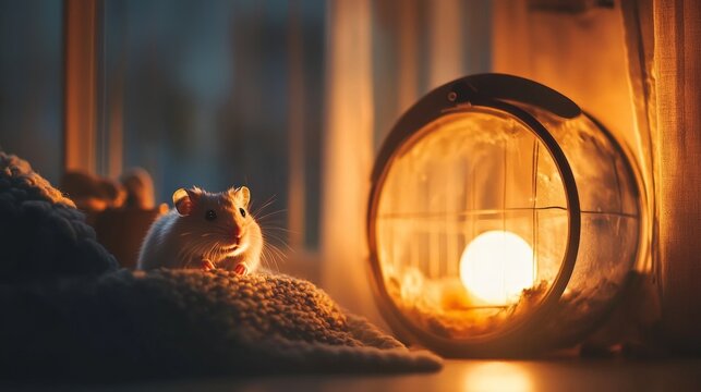 Cozy Evening: A Heartwarming Scene of a Hamster Illuminated by Soft Light, Capturing the Serenity of a Pet's Life in a Warm, Inviting Environment.