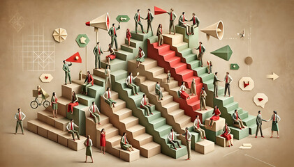 Fototapeta premium Origami-style business collaboration scene with pastel staircase and diverse paper characters interacting and communicating in a professional environment