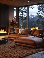 Fototapeta premium A cozy contemporary living room featuring a leather sectional sofa, warm lighting, and a stunning mountain view through large windows.
