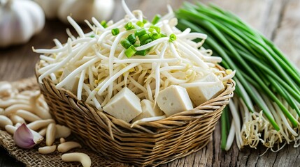 A vibrant display of fresh bean sprouts in a rustic basket, complemented by green onions and garlic, perfect for healthy meals and recipes.