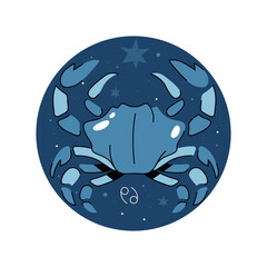 Space cancer astrology sign. Vector horoscope logo. Celestial zodiac calendar poster. Mystery and esoteric or tarot card with crab. Mythology and magic constellation. Crustacean print. Astronomy.