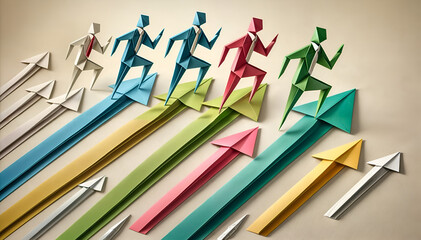 Origami style professional racing scene with folded paper figures running over colorful arrows pointing forward representing competition progress and dynamic movement