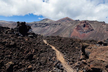 Hiking path crossing volcanic landscape leading to teide mountain