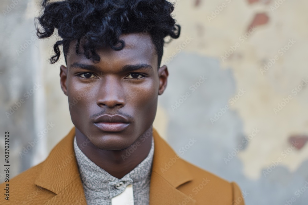 Wall mural stylish young man with curly hair poses confidently against a textured wall in an urban setting