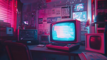 A retro aesthetic with VHS effects glitchy visuals and bold textures