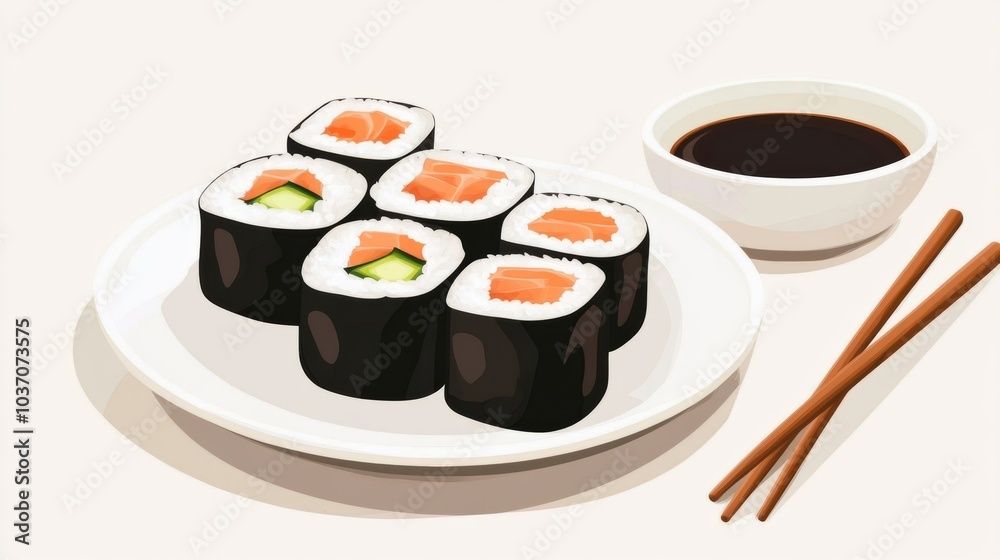 Poster tasty japanese sushi rolls filled with cucumber and salmon, presented with soy sauce and chopsticks 