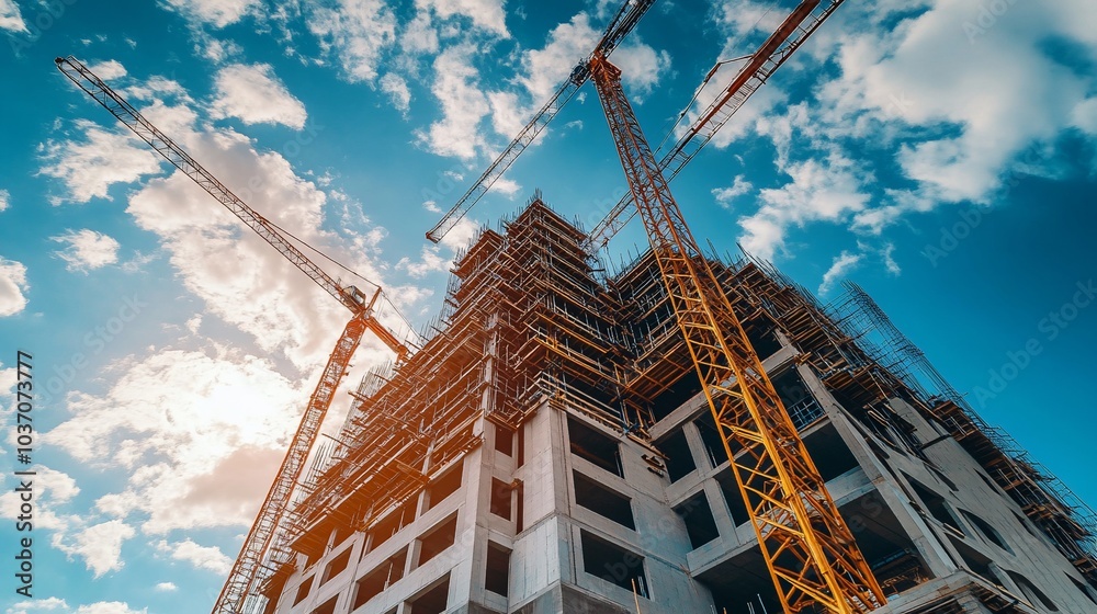 Poster a low angle view of a construction site with two cranes reaching up to the sky.