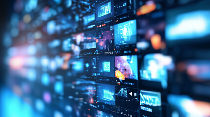 Fototapeta premium Futuristic Digital Media Concept with Multiple TV Screens