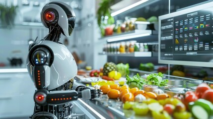 Futuristic AI robot chef preparing gourmet dishes in a sleek, modern kitchen, with holographic recipe displays and colorful ingredients 