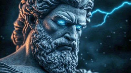Statue of Zeus with Glowing Eyes and Lightning