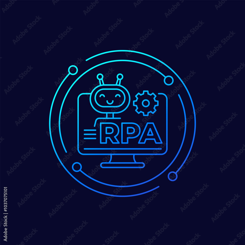 Sticker RPA icon with a robot, Robotic process automation, linear design