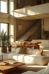 A serene modern living room featuring a light, airy design with earthy tones, a plush sofa, and stylish decor that invites relaxation and comfort.