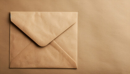Kraft paper envelope on brown background, top view. Space for text