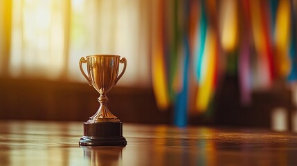 Golden Trophy on Table with Colorful Background