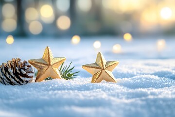 golden stars on the snow, with bokeh lights and pine cones