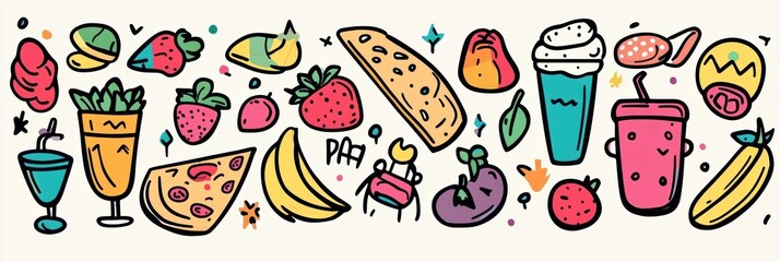 Naklejka premium A vibrant collection of playful doodles showcasing a variety of foods, including pizza, ice cream, fruits, and refreshing drinks. Generative AI