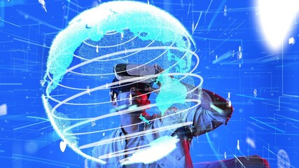 Excited man looking global connection hologram by using VR glasses. Skilled investor checking and looking at global communication and networking network connection holographic. Technology. Apparatus.