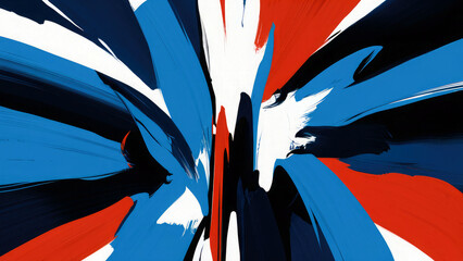 Abstract painting with blue and red brushstrokes on a white backdrop.