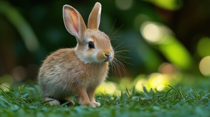 Fototapeta premium Cute rabbit on a blurred greenery background, bunny