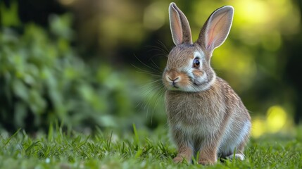 Fototapeta premium Cute rabbit on a blurred greenery background, bunny