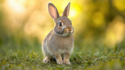 Fototapeta premium Cute rabbit on a blurred greenery background, bunny