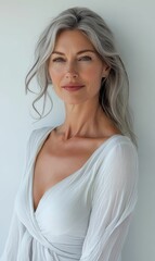 Obraz premium Woman with silver hair wearing white dress.