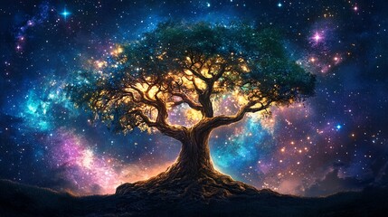 A glowing tree stands tall against a backdrop of a vibrant starry sky.