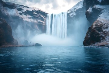 A breathtaking view of a majestic waterfall cascading down rugged cliffs into a serene blue lake, surrounded by misty winter landscapes.