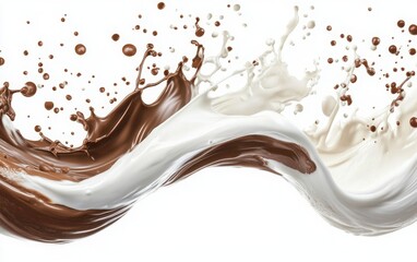 A dynamic splash of milk and chocolate colliding in smooth abstract shapes, creating an artistic swirl effect, isolated with a clean clipping path 