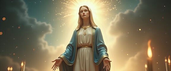 Holy figure emerging from the clouds in divine light
